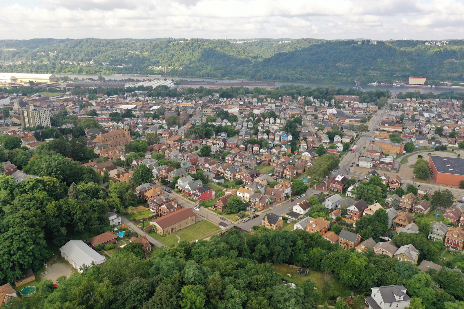 A morning aerial view of Ambridge, a small working class river town in Western Pennsylvania. The Ohio River in the distance. Pittsburgh suburbs.