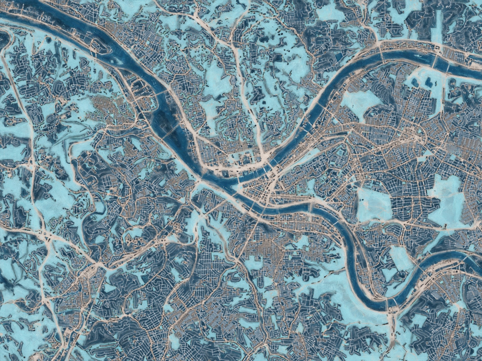 Painterly,Style,City,Map,Of,Pittsburgh,Pennsylvania,,Usa,In,A Painterly Style City Map of Pittsburgh Pennsylvania, USA in a Blue Color Scheme.